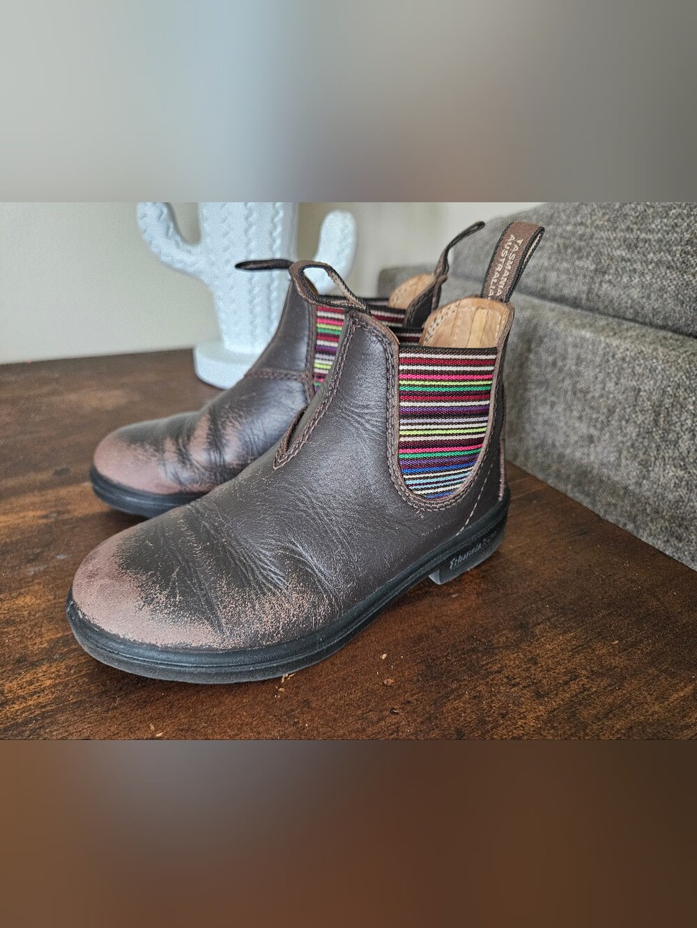 Blundstone Brown Leather Boots with Rainbow Striped Elastic Panels